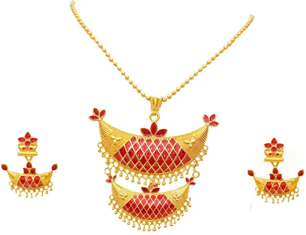 Assamese_Traditional_Gold_Plated_Red_Double_Joonbiri_Chain_Jewellery_Set_For_Women_&_Girls